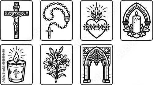 Black and white line art religious icons with crucifix rosary sacred heart candles lilies and gothic arch window elements