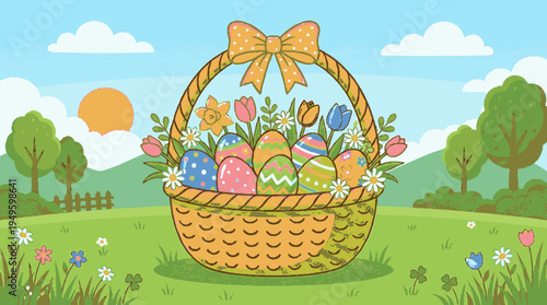 Vibrant flat vector illustration of a woven easter basket overflowing with colorful patterned eggs and spring tulips set against a cheerful