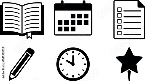 Black silhouette icons set of open book pencil calendar clock checklist and star digital vector art collection