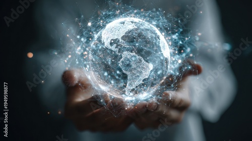 Hands holding digital globe symbolizing connection and global network