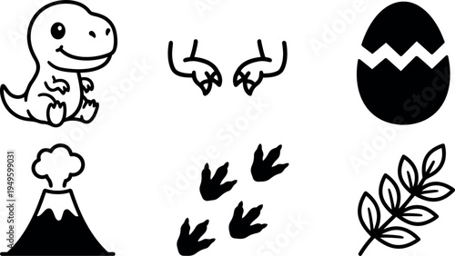 Cute baby dinosaur sitting with claws dinosaur egg volcanic eruption leaf branch and footprints vector icons set