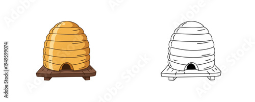 Doodle beehive illustrations in flat color and linear styles on white background representing traditional apiary equipment for honey production and bee farming
