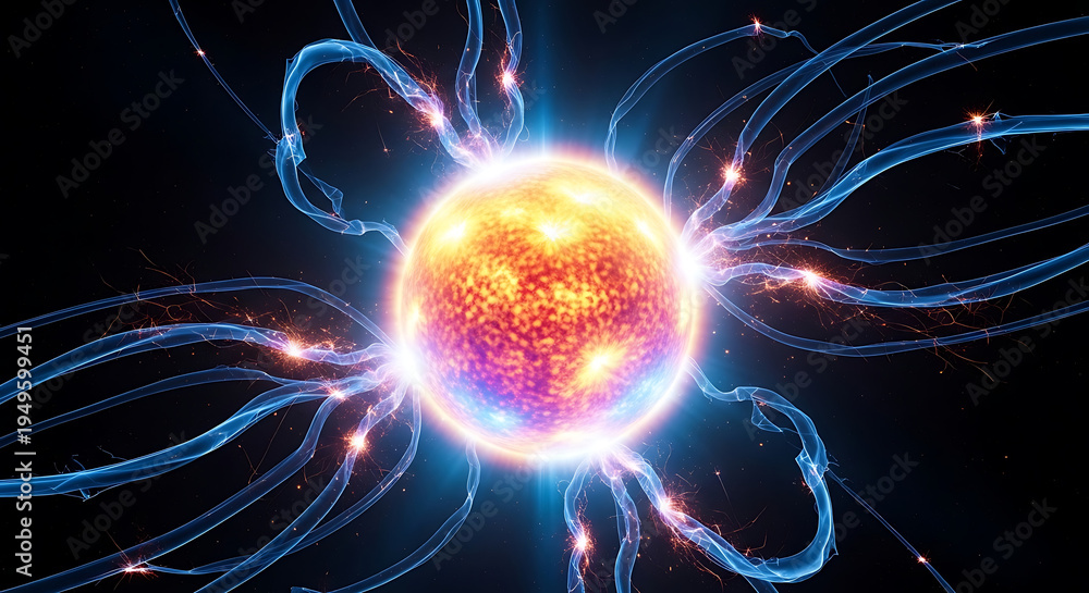 Obraz premium Luminous solar orb radiating intense electromagnetic field and incandescent spark against a cosmic backdrop symbolizing powerful nuclear energy and celestial physics.