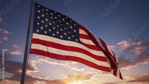 Majestic American Flag Waving at Dawn Over Peaceful Memorial Park