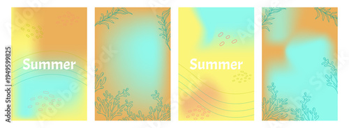 Summer set poster Abstract colorful gradient and floral element mesh background. Design social media posts, landing pages, and apps. Vector illustration.