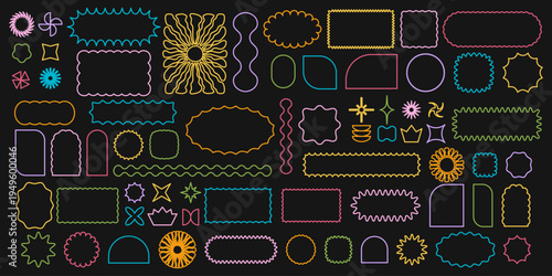 Set of bright colorful forms with curvy edges on black background. Simple cute shapes with undulated borders. Empty neon signboards or web banners. Vector outline illustration.