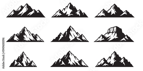 Mountain peak silhouette icon set. Nature landscape vector collection