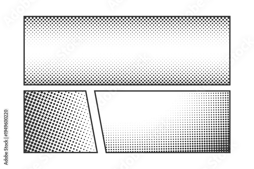 Horizontal comic manga panel with halftone effect backgrounds. Anime book page sample with dotted gradient textures. Storyboard template with faded polka dot patterns. Vector graphic illustration.
