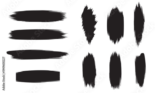 Black grunge brush stroke set. Redacted text censorship bars and vertical ink page dividers. Vector texture label collection.

