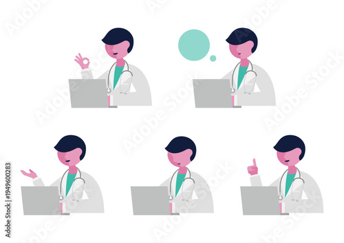 パソコンと医師のハンドサインのイラスト素材セット（左向き）