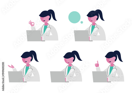 パソコンと女医のハンドサインのイラスト素材セット（左向き）