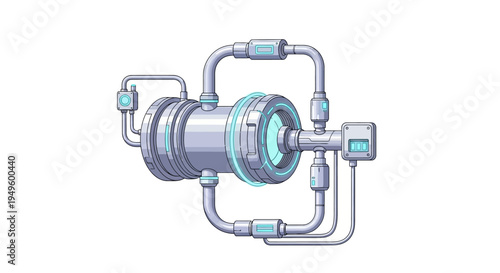 A futuristic mechanical device with glowing blue accents and metallic pipes.