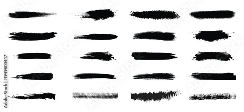 Black grunge brush stroke set. Redacted text censorship bars and rough ink line dividers. Vector texture strikethrough pack.