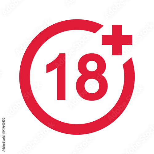 Number 18 and plus sign in red circle isolated on white background. Age censor symbol. Movie viewing, website visiting, adult only or alcohol limit label. Vector flat illustration