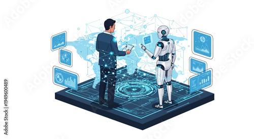 Businessman and robot interacting with technology.