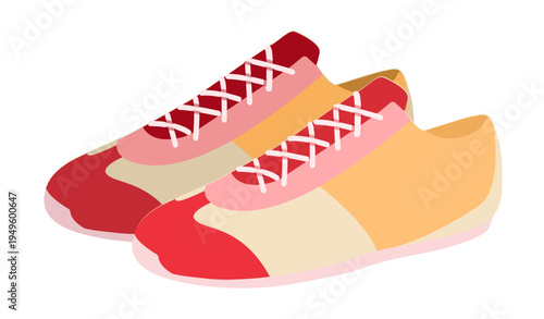 Trend running sneaker shoe flat pair. Comfortable casual sport footwear for walk, shopping, modern youth style. Technical fashion illustration, CAD mockup, soft vector woman men unisex isolated style