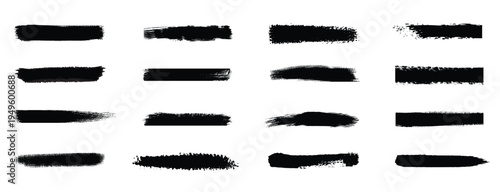 Black grunge brush stroke set. Redacted text censorship bars and rough ink line dividers. Vector texture strikethrough pack.