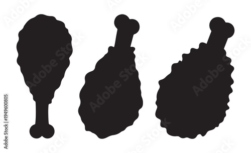 Crispy fried chicken drumstick silhouettes for fast food branding with various breaded poultry shapes set