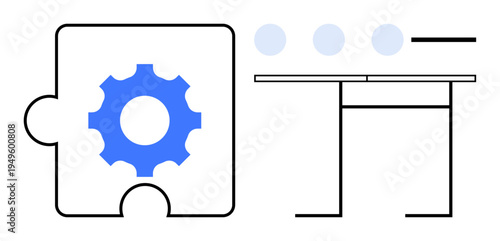 Process optimization, workflow efficiency, system integration, automation, business operations, problem-solving. Gear puzzle piece and workflow icons. Process optimization and workflow efficiency