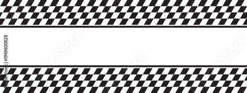 Top and bottom borders with tilted checkered print and space in center. Sport car or chess game, taxi or police competition background. Repeated slanted squares pattern. Vector flat illustration