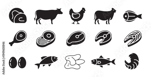 Meat and fish products icon set, different types of food, chicken, beef, lamb, pork, fish, eggs