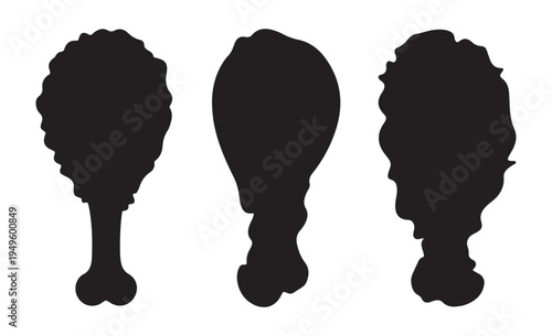 Set of black silhouettes of fried chicken legs, drumsticks, fast food, different shapes, meat menu