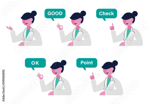 女医のハンドサインとコメントのベクターイラスト素材セット（左向き）