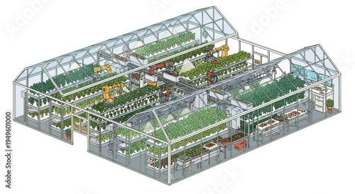 Isometric view of a modern automated greenhouse with vertical farming systems, smart agriculture technology, and sustainable plant growth.