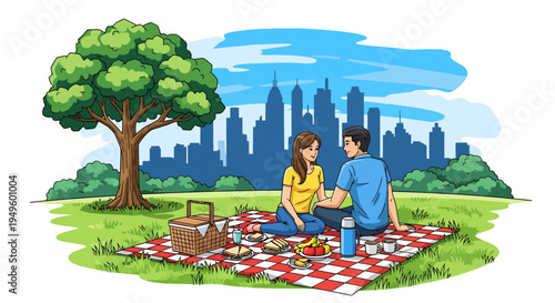 Romantic couple enjoying a serene picnic under a large tree in a green park with a silhouette city skyline at sunset or dusk.