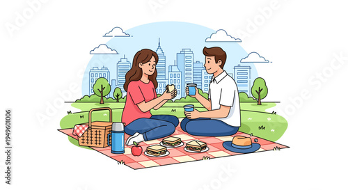 Happy young couple enjoying a relaxing picnic in a vibrant green park with a city skyline background, daytime outdoor activity.