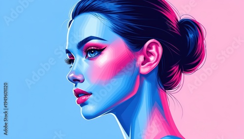 Radiant Beauty: A captivating portrait of a woman, her features bathed in striking hues of blue and pink, showcasing an aesthetic blend of elegance and artistic flair.