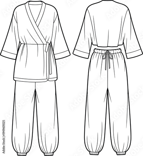 Women kimono style lounge set technical fashion illustration, wrap top and loose pants line art template isolated on light background