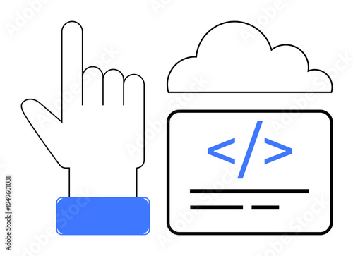 Technology, programming, cloud computing, web development, user interaction, coding. Hand pointing gesture with a cloud shape and a coding screen below. Technology and programming concept
