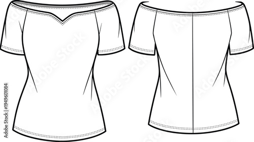 Women off shoulder t shirt front and back view technical fashion illustration with short sleeves isolated on white background for apparel design