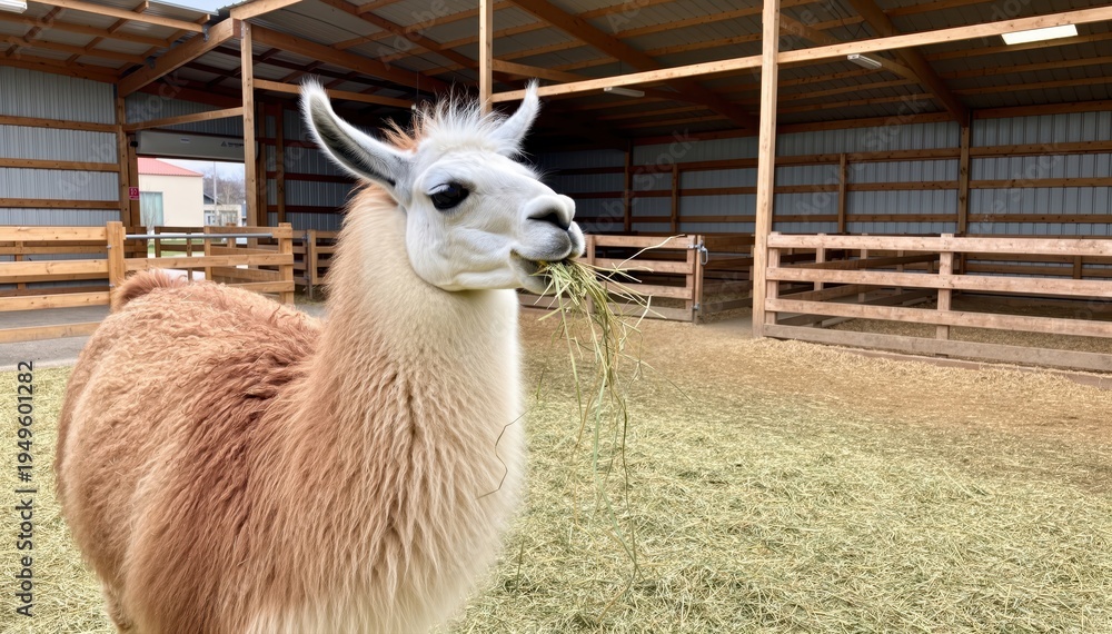Obraz premium Llama Grazing in Barn: A captivating image features a llama peacefully enjoying its meal of fresh grass inside a rustic barn, surrounded by a peaceful, natural atmosphere.