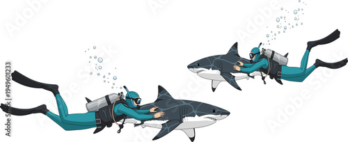 Scuba diver riding shark underwater illustration, ocean adventure scene, marine wildlife interaction concept, deep sea vector illustration artwork