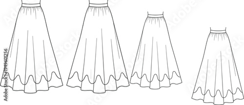 Women's flared skirt fashion technical drawing set, ruffle hem skirt outline, apparel CAD template, clothing design vector illustration
