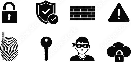 Set of bold flat security icons featuring a thief hacker silhouette padlock fingerprint scan firewall shield cloud protection and digital key.