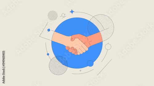 An illustration depicts two hands shaking within a vibrant blue circle surrounded by abstract shapes and lines symbolizing agreement high quality professional detailed modern elegant stylish