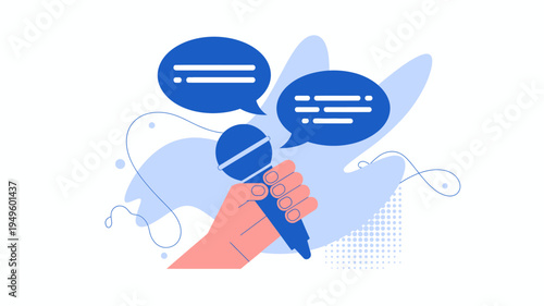 An illustration depicts a hand holding a microphone with speech bubbles hovering nearby suggesting a podcast or interview scenario high quality professional detailed modern elegant stylish