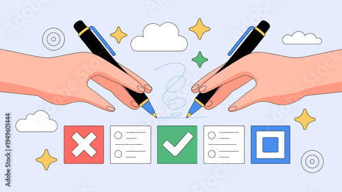 Two hands hold pens poised over a series of boxes some marked with checks and crosses representing choices and decisions high quality professional detailed modern elegant