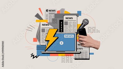 A colorful digital collage depicts news media elements including newspapers a laptop microphone and a hand holding a smartphone high quality professional detailed modern elegant stylish