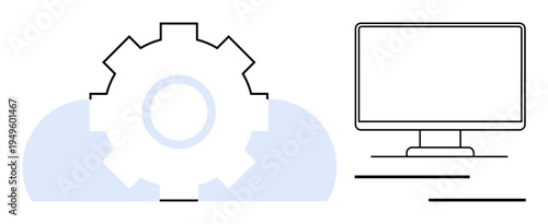 Cloud computing, software development, technology integration, data processing, automation, innovation. A gear in front of a cloud and a computer monitor. Cloud computing and software development