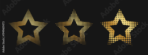 Set of golden star frames with dotted halftone borders. Starry gold shapes with mosaic, pixel or grain texture isolated on black background. Luxury decorative design elements. Vector illustration.