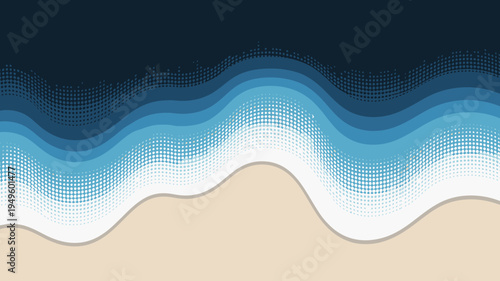 A minimalist illustration depicts ocean waves crashing onto a sandy beach with a halftone dot pattern high quality professional detailed modern elegant stylish clean crisp vibrant