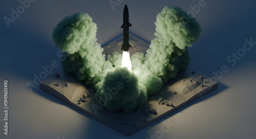 3D Isometric Rocket Launch Illustration for Startup Business Growth, Innovation Success, and Technology Project Kickoff Concept
