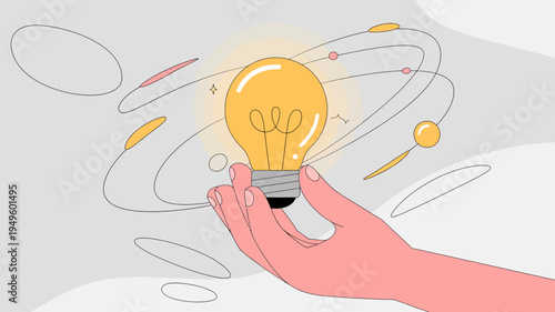A hand gently holds a glowing light bulb surrounded by orbiting shapes representing bright ideas and innovation in a conceptual style high quality professional detailed modern