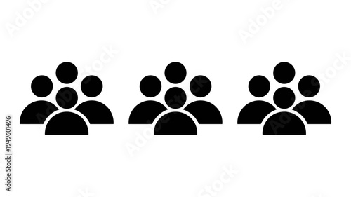 A simple black and white graphic depicts three groups of people varying in size represented by circular forms suggesting heads and bodies high quality professional detailed