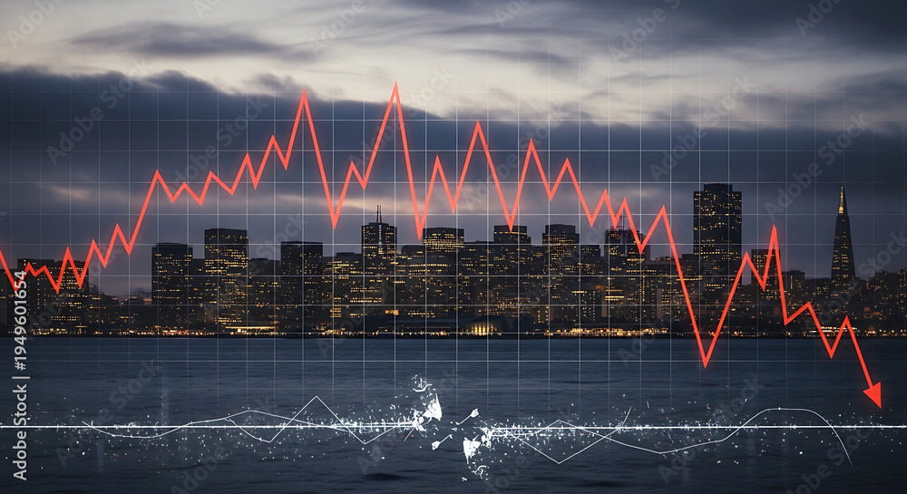 Naklejka premium Digital financial data graph overlaying foggy San Francisco cityscape with red bearish arrow representing stock market crash or real estate property crisis in California urban metropolitan area.