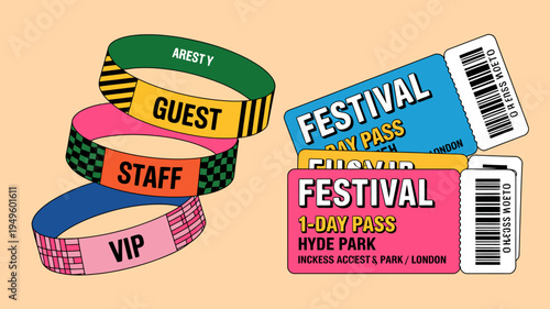 A colorful arrangement of festival wristbands and tickets is displayed on a light peach background showcasing various access levels high quality professional detailed modern elegant stylish